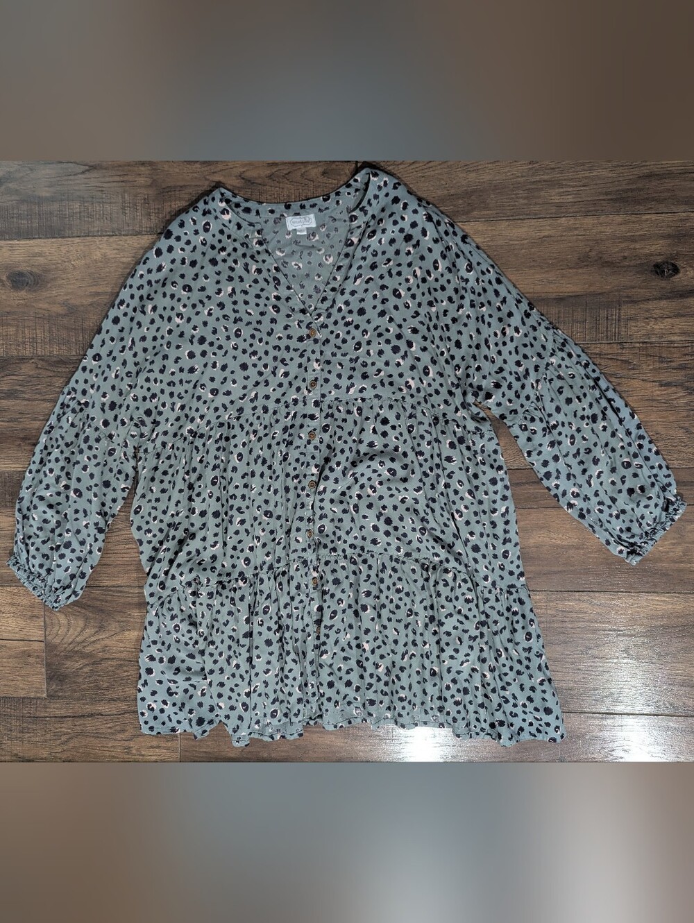 Mudpie Women's Sage Green Animal Print Peplum Riffled Tunic Mini Dress Size L
